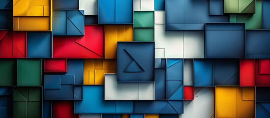 Wall Mural - Vibrant geometric background with an arrangement of blue, green, white, red, and yellow shapes. 32k, full ultra HD, high resolution.