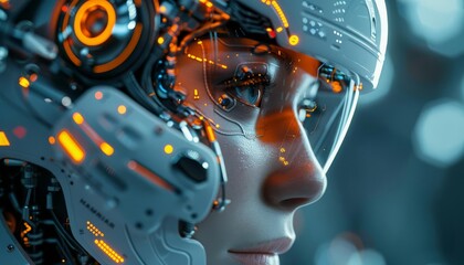 Sticker - Futuristic cyborg woman with advanced technology, glowing lights, and intricate details, showcasing innovative sci-fi robotics.