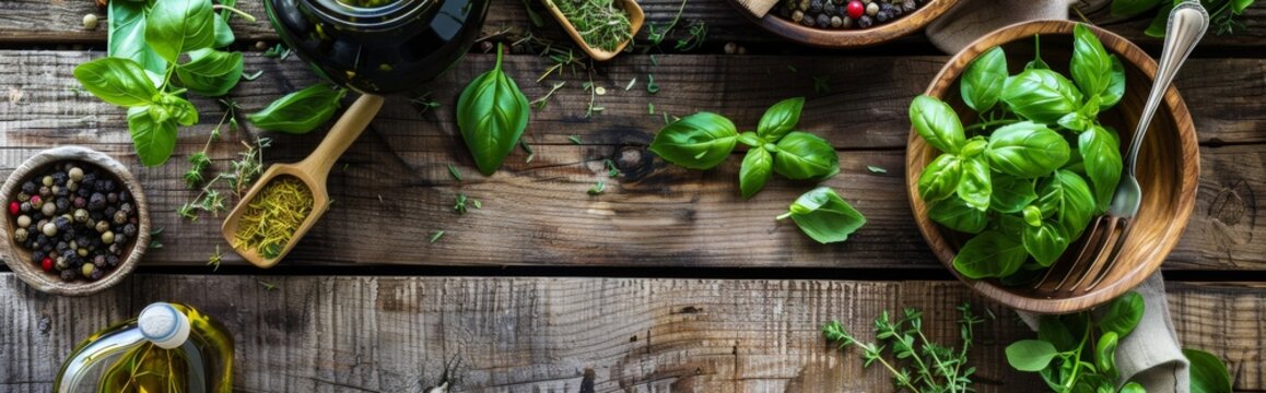 Fresh Basil and Spices on Wooden Table
