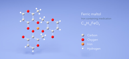 Wall Mural - ferric maltol molecule, molecular structure, iron containing medication, 3d model, Structural Chemical Formula and Atoms with Color Coding