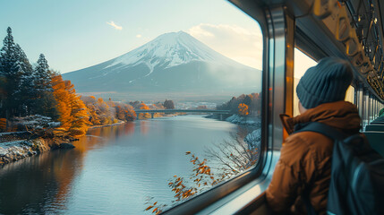 Young pretty woman traveling by the train from sitting near the window and looking mountain Fuji. vintage filter. Travel concept