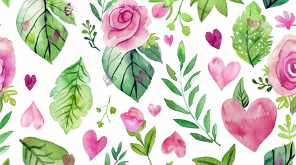 Sticker - In watercolor, green leaves, flowers, roses, and hearts form a seamless pattern.