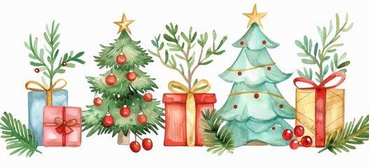 Canvas Print - Decorative watercolor banner of fir trees and presents for Christmas.