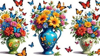 A colorful illustration of three vases filled with colorful flowers and butterflies.