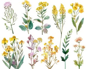 Wall Mural - Hand-painted watercolor set of medical herbs and plants.