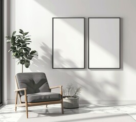 Sticker - This is a mockup of blank poster frames in a modern interior context with pampas grass and an empty white wall. It is an interior background of a luxury living room in the Scandinavian style.