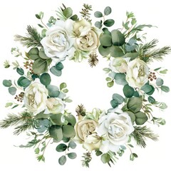 Canvas Print - This watercolor wreath features fir branches, roses, and eucalyptus.