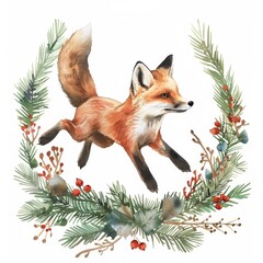 Poster - With foxes and fir branches, this is a watercolor modern Christmas card.