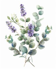 Wall Mural - A modern watercolor arrangement of eucalyptus branches and wildflowers.