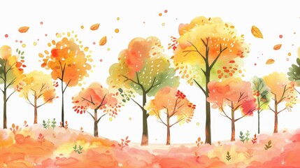 Sticker - The background of a forest in autumn and the trees in the forest are depicted in watercolor.