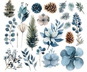 Sticker - Branches, leaves, and flowers painted in dusty blue watercolor.