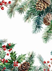 Wall Mural - A watercolor Christmas frame featuring fir branches, leaves, and a cone.