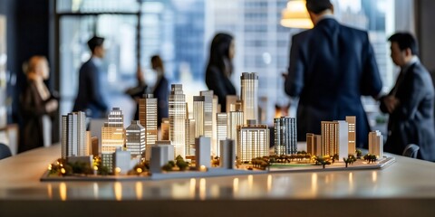 Urban planning city model with business people, architectural design and real estate development concept