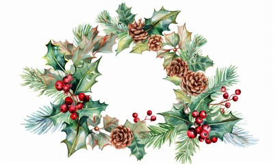 Sticker - A watercolor Christmas wreath made with fir branches and holly berries.