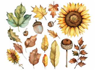 Wall Mural - A watercolor modern autumn set featuring leaves, branches, flowers, and pumpkins.