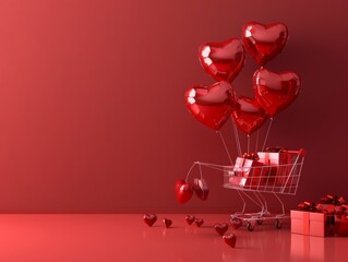 Sticker - A stylish red-themed scene with heart-shaped balloons and a shopping cart full of gifts, romantic setting, clean and minimalistic design, highly detailed