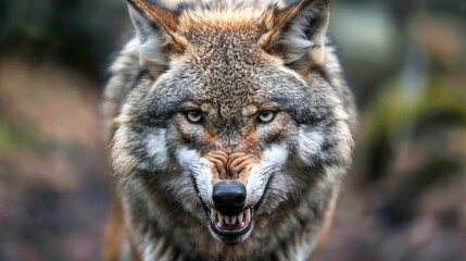 Wall Mural - A large, cruel angry looking wolf with its mouth open staring at camera