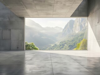 Poster - In this 3D render, there is an empty concrete room with a large window against a mountainous backdrop.