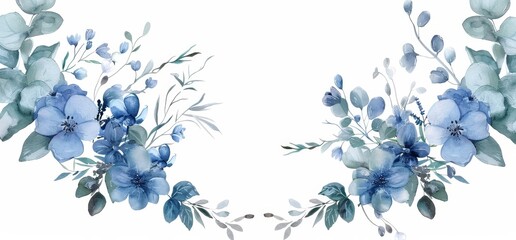Wall Mural - Featuring dusty blue flowers and leaves, this watercolor wreath is modern and stylish.