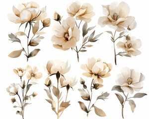 Poster - Watercolor bouquets with blush pink, peach, golden, cream, beige, brown flowers. Use for wedding invitations, greeting cards, and decorations.