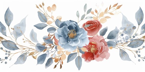 Wall Mural - Set of watercolor bouquets with dusty blue and pink flowers. For wedding stationary, invitations, postcards, decorations, fashion. Hand drawn illustration.