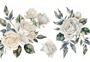 Wall Mural - White roses and eucalyptus branches in watercolor. Wedding stationary, greetings, fashion, fabric, home decor. Illustration hand painted.