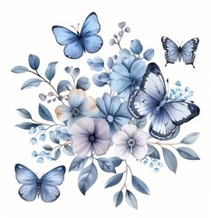 Wall Mural - The watercolor modern floral wreath is designed with blue butterflies and flowers. There is a blossom flower gentle clip art arranged inside the arrangement. It is suitable for wedding invitations,