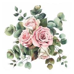 Wall Mural - Hand painted illustration of dusty pink roses flowers and eucalyptus branches. Floral arrangement for weddings, greeting cards, wallpapers, fashion and home decor.