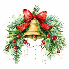 Poster - An elegant watercolor Christmas card with bells and fir branches.