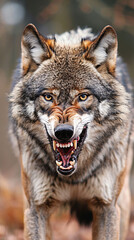 Wall Mural - Angry aggressive wolf is hunting