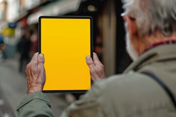 App mockup shoulder view of a senior man holding a tablet with an entirely yellow screen