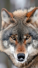 Wall Mural - A serious wolf with a brown and gray coat and a brown nose protecting the area