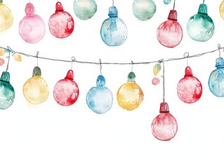 Canvas Print - Colorful lights adorn this watercolor Christmas garland.