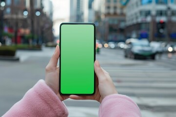 Poster - Female hands holding smartphone with blank green screen. Woman using cell phones in city street outdoors