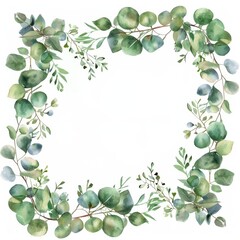 A watercolor square wreath with eucalyptus leaves.