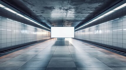 A blank billboard is located in an underground hall or subway for advertising, a mockup concept, and a shutter with a low lighting speed