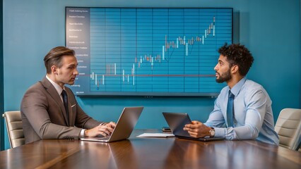 Wall Mural - Two executives in a boardroom discussing investment strategies, with charts displayed on a projector screen.	
