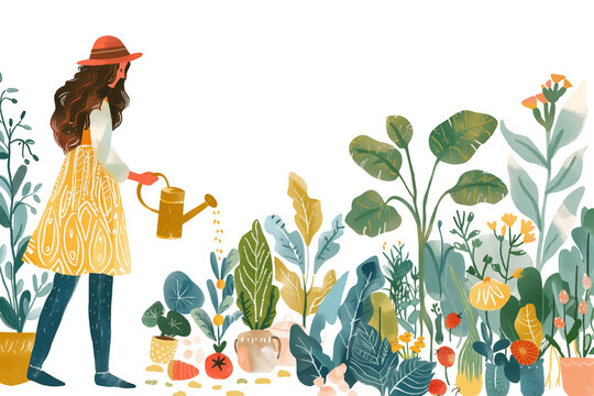 Woman in yellow dress and red hat watering plants in vibrant garden