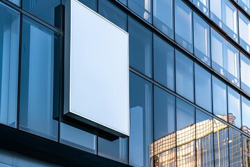 Wall Mural - Decorative white rectangular sign with blank space for logo on a modern business center wall, mockup