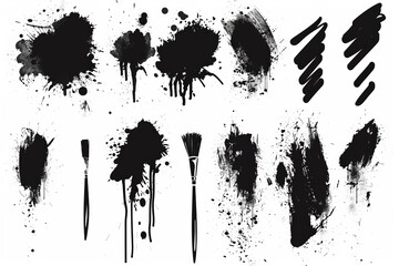 Sticker - Various brushstrokes and paintbrushes with splashes of grunge. Modern set black ink brush strokes. Grunge splatter, dirt stain, brush with drops.