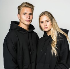 Wall Mural - An autumn youngsters streetwear image of a young bearded man and blonde girl in a plain hoodie with a logo to be printed on it. Clothing mockup for a hoodie.