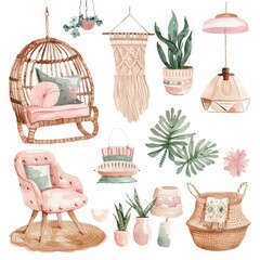A modern set of watercolor home decor and furniture elements.