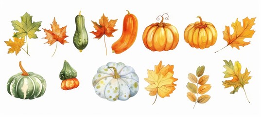 Canvas Print - Modern watercolor set of autumn bouquets featuring pumpkins, leaves and branches.