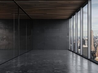 Poster - Interior of a studio flat with an empty gray room and a panoramic window that shows a city view