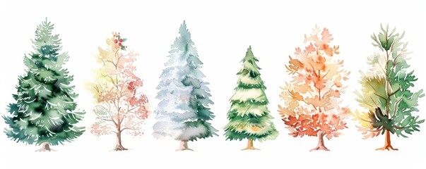 Wall Mural - A watercolor set of modern Christmas trees with balls and candles.