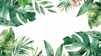 Poster - An isolated white background shows tropical leaves and branches in watercolor.