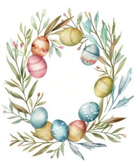 Wall Mural - Decorative Easter frame decorated with greenery, flowers, and eggs. Watercolor border with text space for holiday invitations and greetings. Hand drawn illustration.