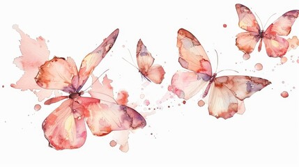 Poster - Watercolor illustration of a pink peach flying modern butterflies. Works great for wedding invitations, postcards, and invitation designs.