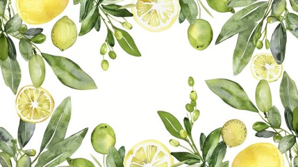 An illustration of lemons and olives in a floral frame. Clean watercolor illustration with white background. Clipart for greeting cards, decorations, wedding invitations, and stationery.