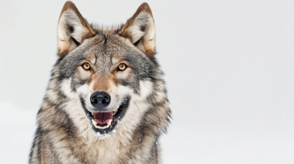 Wall Mural - A happy wolf with a brown and gray coat is smiling and looking at the camera